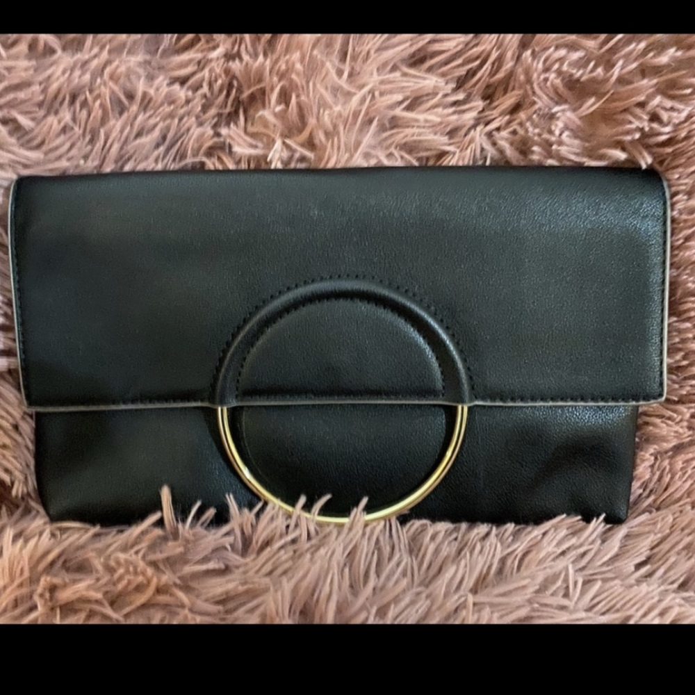 Emperia Black & Chrome Faux Leather Minimally Crescent Shape Structure Clutch
